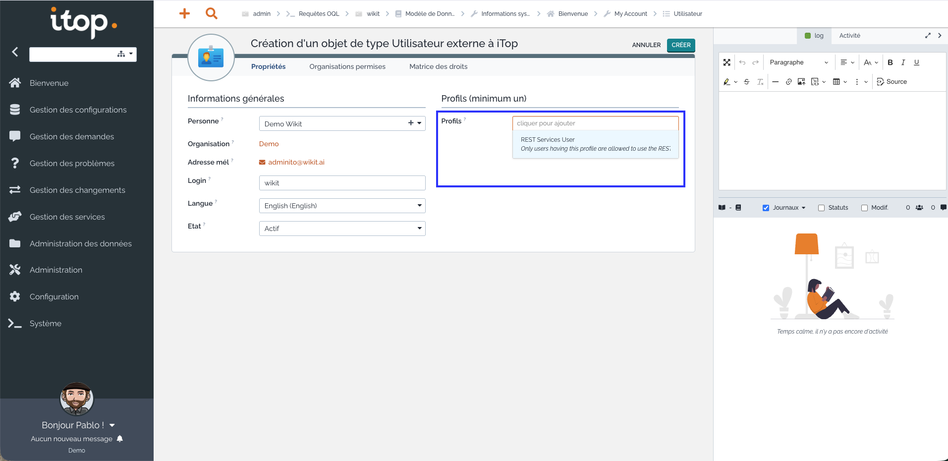 Attribuer le profil REST SERVICE