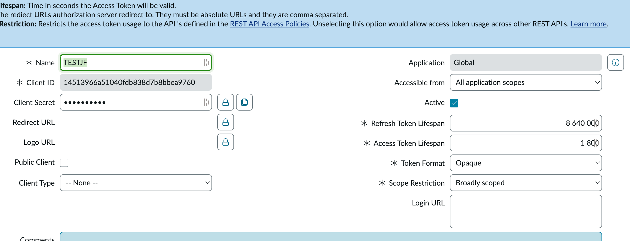 Exemple de configuration OAuth dans ServiceNow